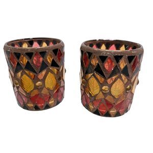 Pair (2) Yankee Candle Mosaic Tile Glass Votive Candle Holders Fall Leaves 3"